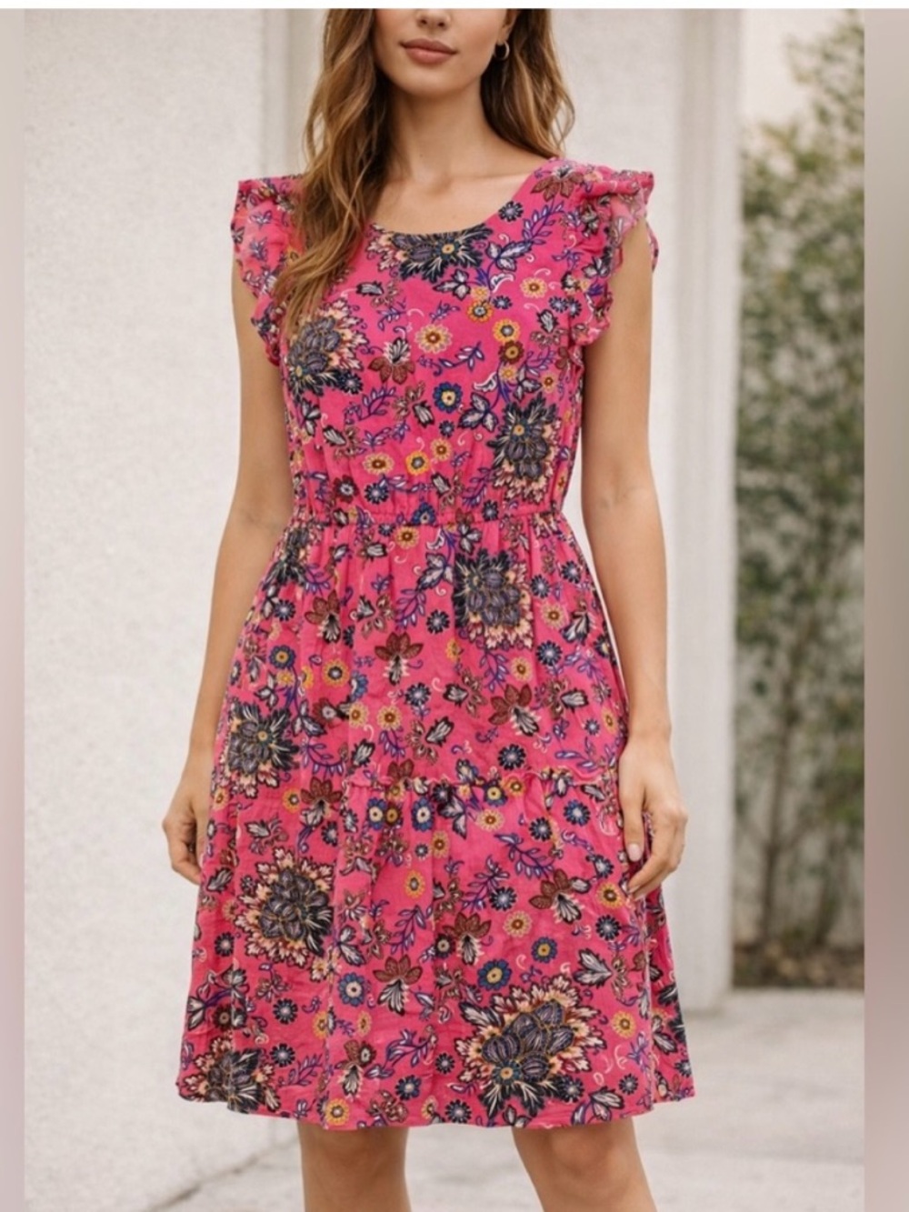 Women’s ' Pink Floral Ruffle Dress with Waist Tie